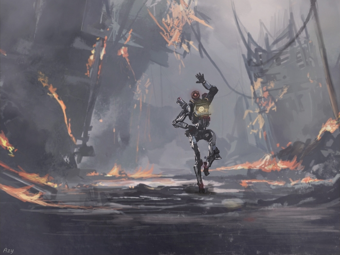 Pathfinder in a burning landscape from Apex Legends