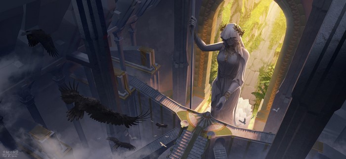 aerial view, digital painting, architecture, fan art, digital art, crow, statue, artwork