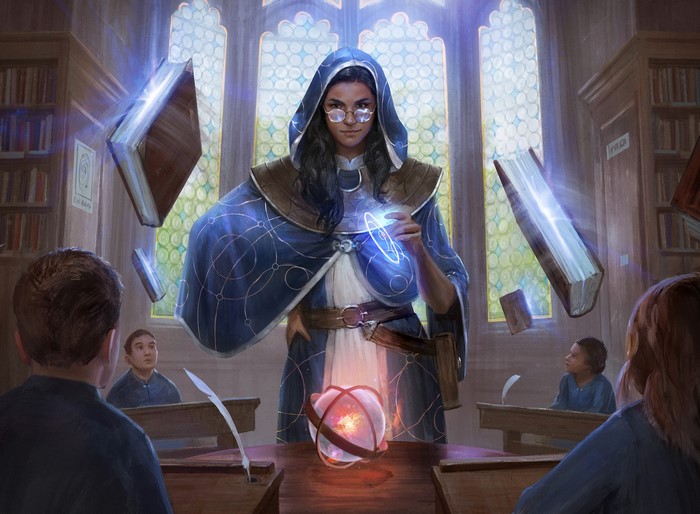 Woman teaching magic to students in a library