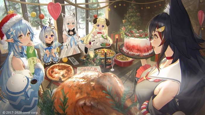 Hololive girls celebrating Christmas with a feast