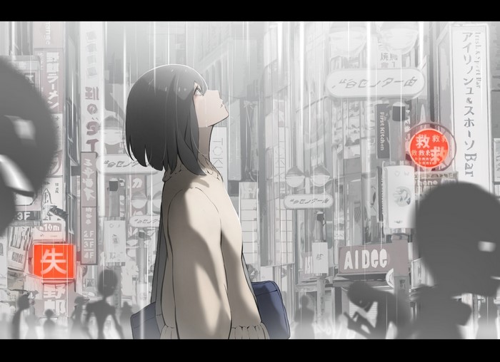 Anime girl in the rain in a city