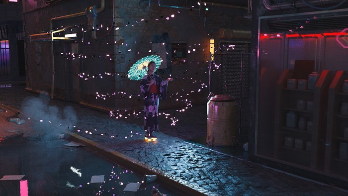 Japanese woman in kimono with umbrella in futuristic alley