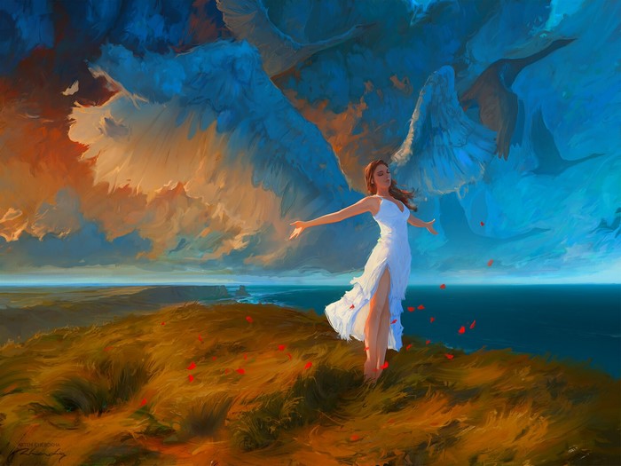 Woman with Angel Wings on a Hilltop