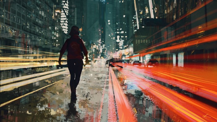 Artwork of a person walking in a city at night