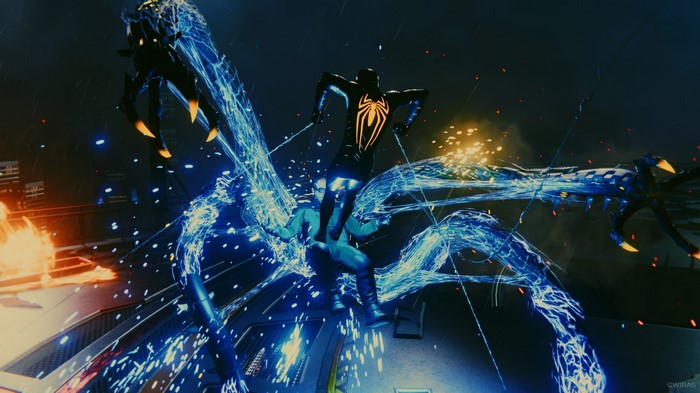 Spider-Man fighting Doctor Octopus in a video game