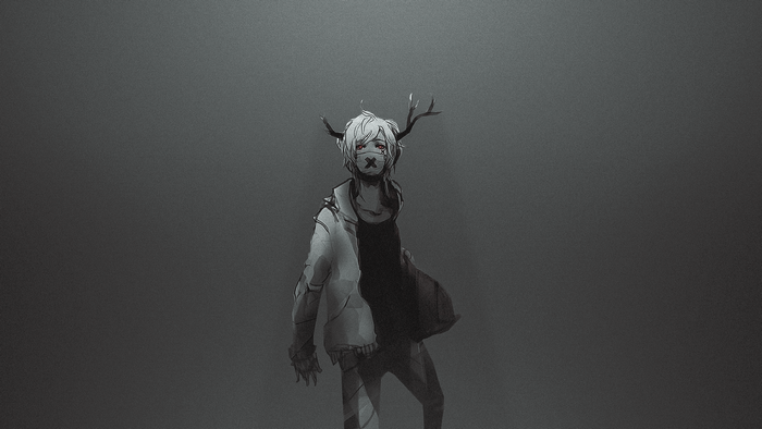 Anime boy with antlers and red eyes