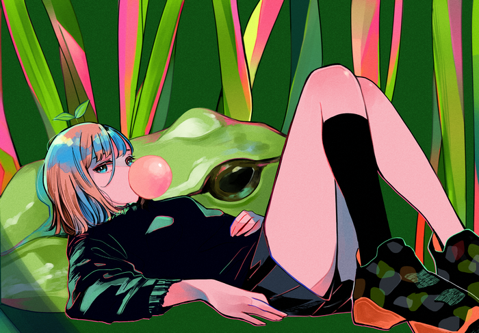 Anime girl with bubble gum lying with a frog