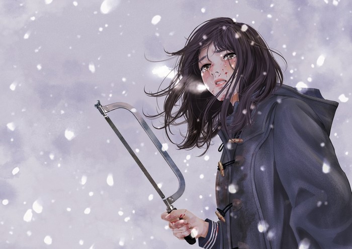 Anime girl crying in snow holding a saw