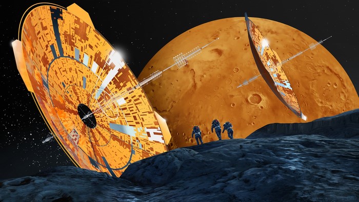 Astronauts explore alien structures near Mars