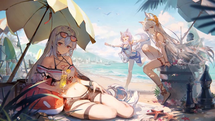 4K Arknights characters on a beach