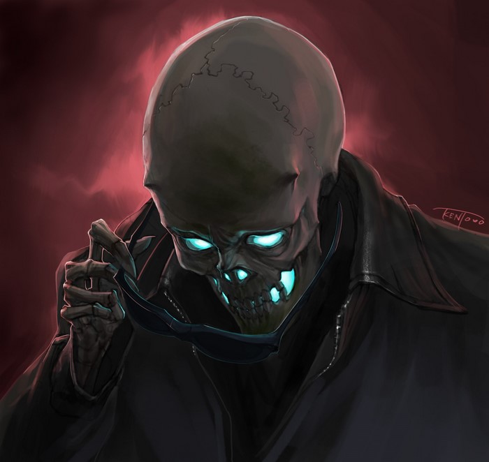 Skeleton wearing a black coat holding sunglasses
