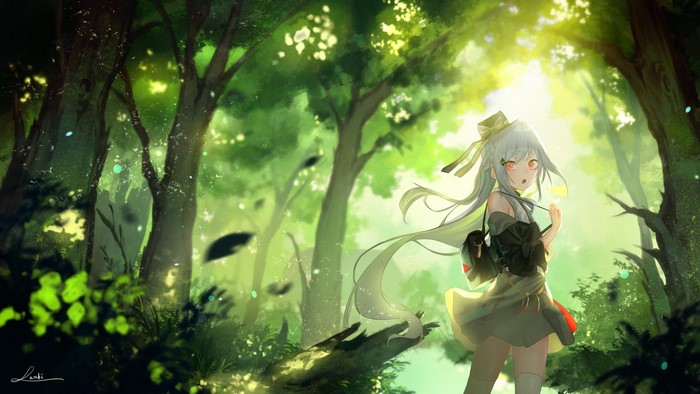 Anime girl with gray hair and red eyes in a forest