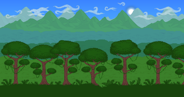 Terraria jungle landscape with mountains and trees