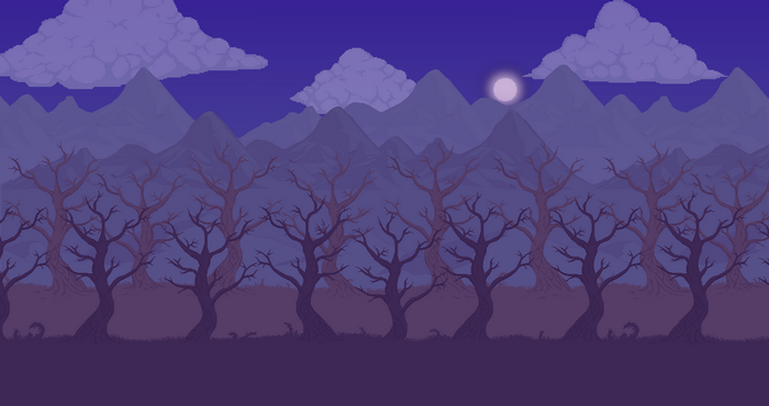 Terraria night landscape with bare trees and mountains