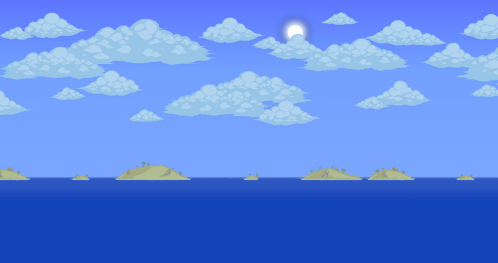 Terraria pixel art ocean with islands and clouds