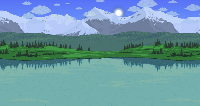 Terraria pixel art landscape with mountains and lake
