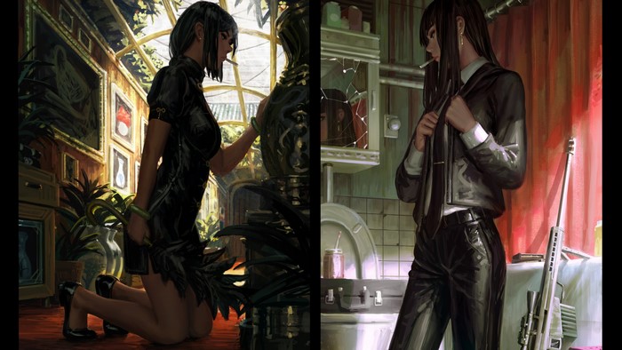 Woman in black dress and woman in suit smoking