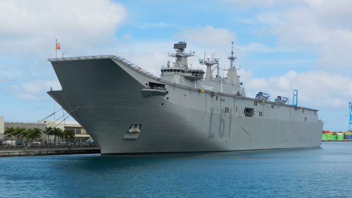 Spanish Navy ship L61 docked at a harbor