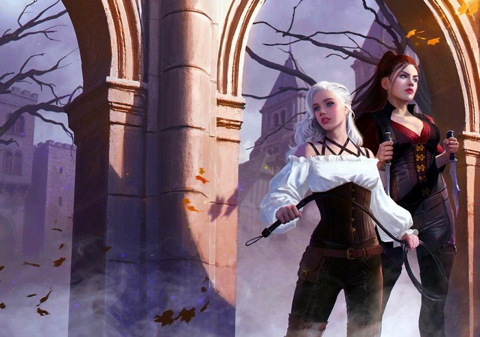Two women with swords and whips in fantasy setting