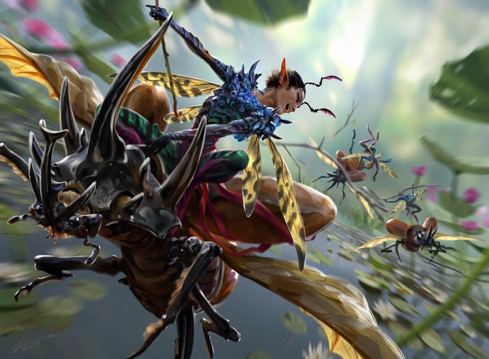 Fairy riding a rhinoceros beetle with other insects flying