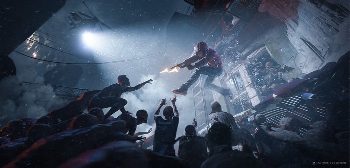 Artwork of zombies and survivors in a destroyed city