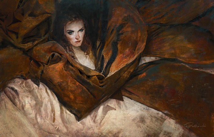 Woman wrapped in fabric, digital painting by Greg Rutkowski