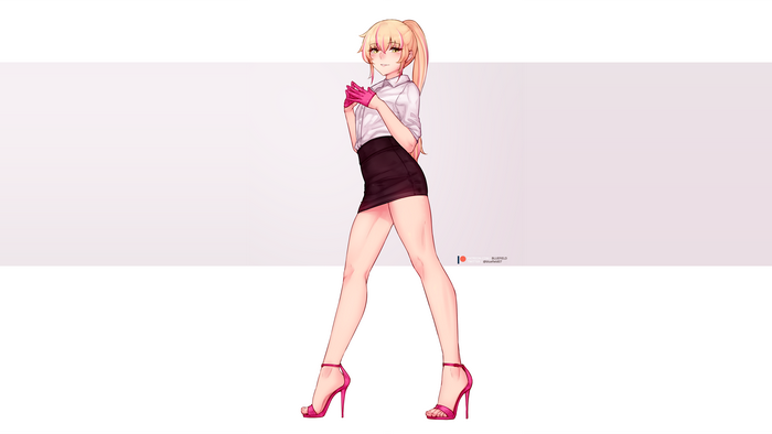 Anime girl with blonde hair, white shirt, and black skirt