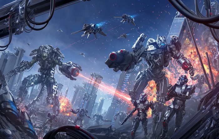 Battle between mechs and flying vehicles in a destroyed city