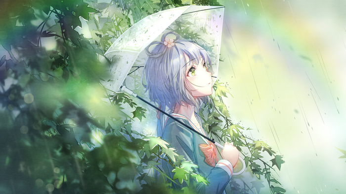 Luo Tianyi from Vocaloid China with umbrella in rain