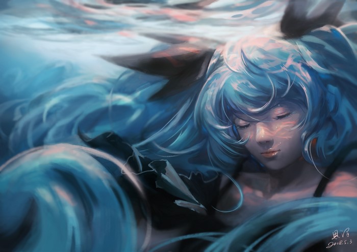 Hatsune Miku underwater with blue hair