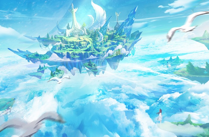 Floating Islands in the Sky with Seagulls