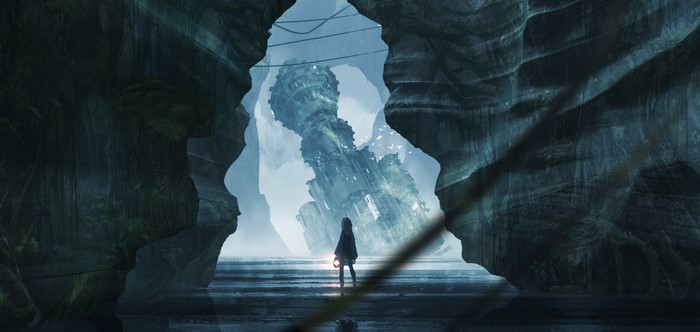 Anime girl with lantern in cave ruins