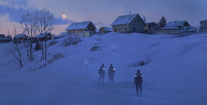 Digital painting of a snowy village at dusk