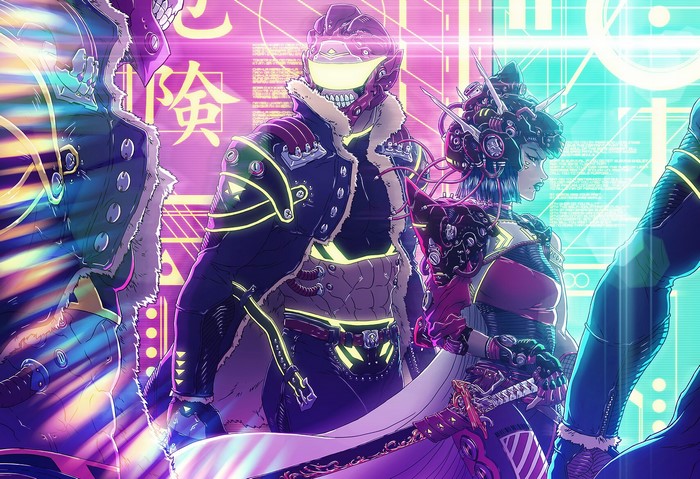 Cyberpunk characters with katana and neon background
