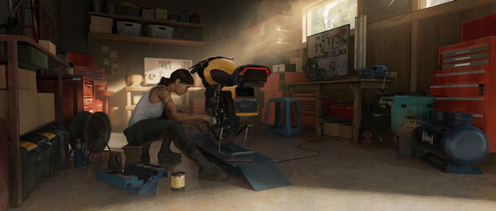 Woman working on a motorcycle in a garage