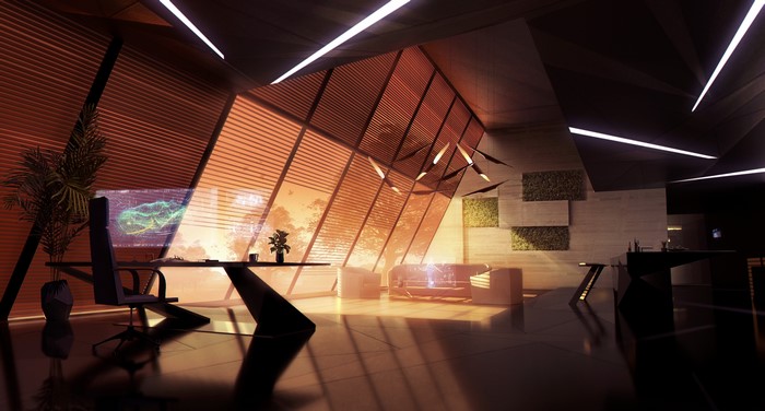 Futuristic office with holographic display and modern furniture