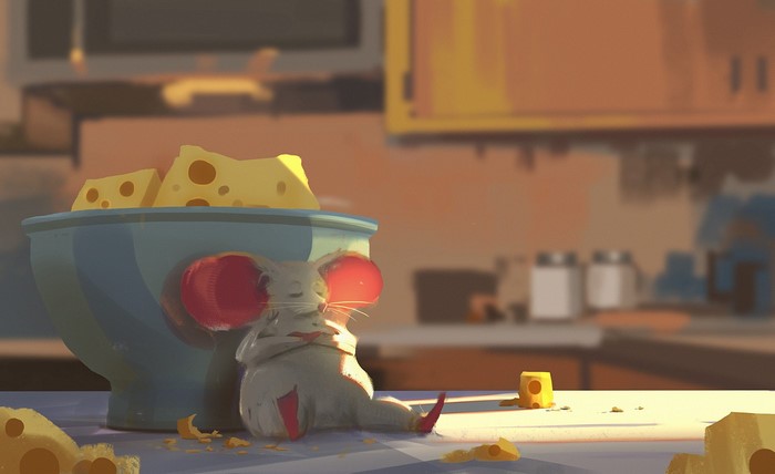 Mouse sleeping next to a bowl of cheese