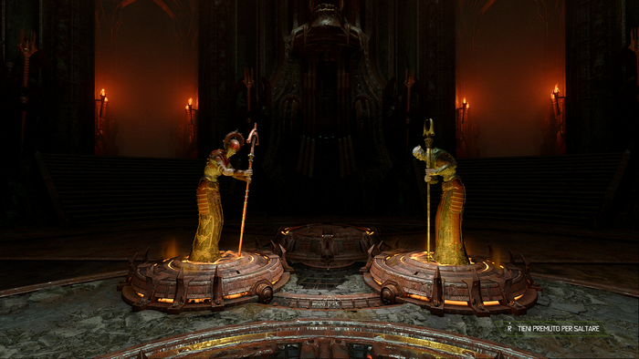 Two statues in a dark, ornate hall from DOOM Eternal
