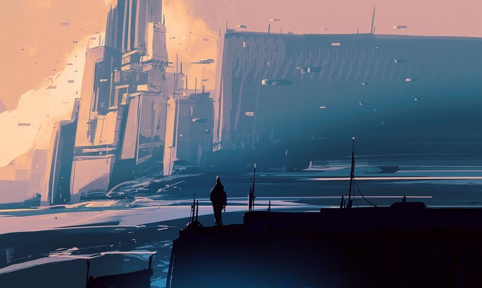 Futuristic cityscape with flying vehicles