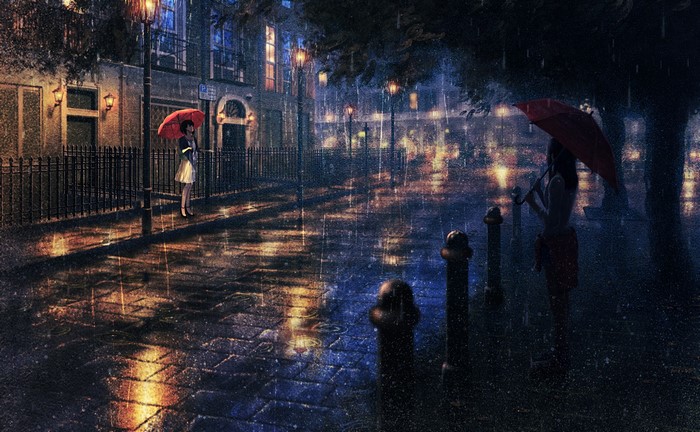 Anime girls with umbrellas in the rain at night