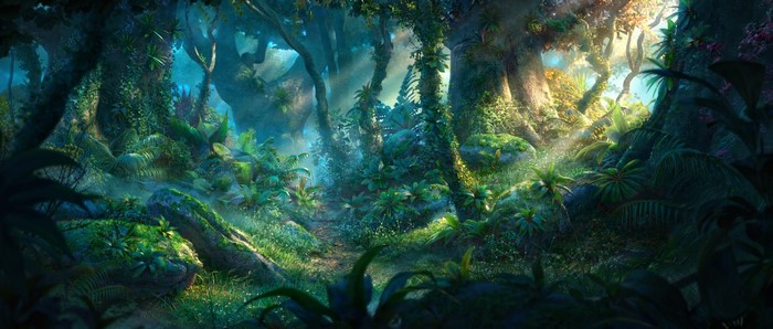 Enchanted forest with sunbeams filtering through trees
