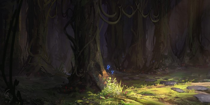 Fantasy forest with glowing blue sprites