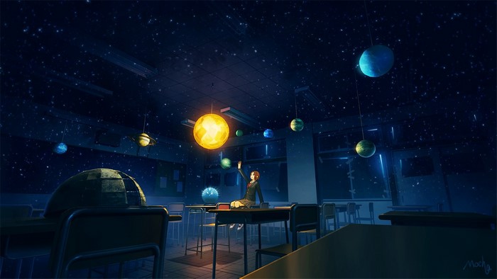 Girl in classroom with planets hanging from ceiling