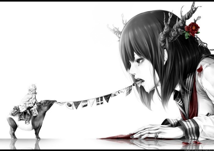 Girl with horns and tapir holding flags
