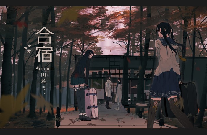 Anime girls in school uniforms with suitcases in autumn forest