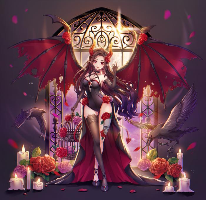 Succubus with wings and horns surrounded by roses