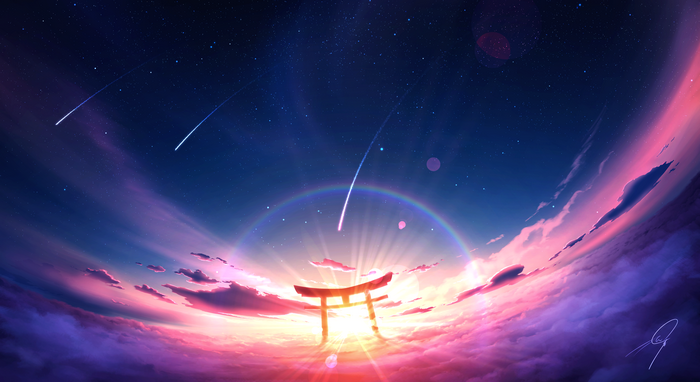 Anime sky with shooting stars and a torii gate