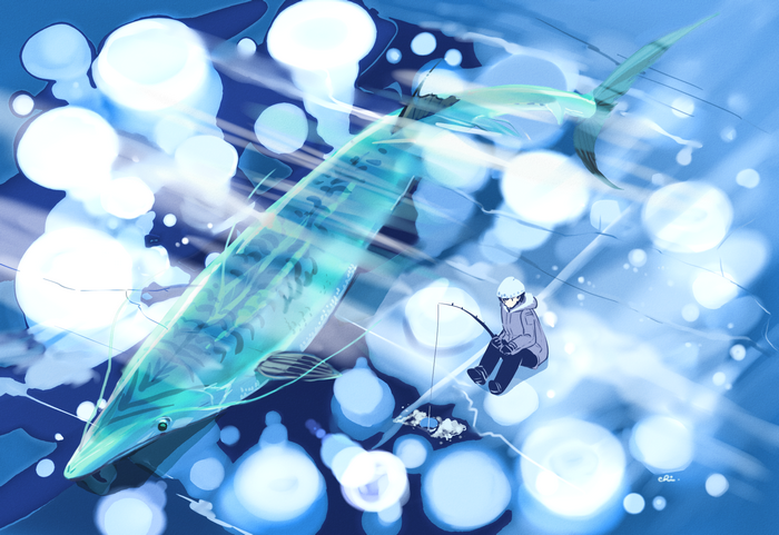 Anime fisherman ice fishing a giant glowing fish