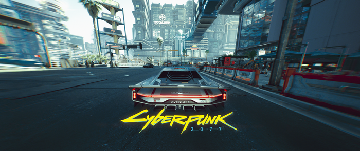 Cyberpunk 2077 Avenger car driving in futuristic city