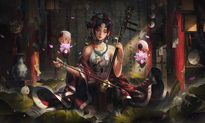Woman playing Erhu with lotus spirits
